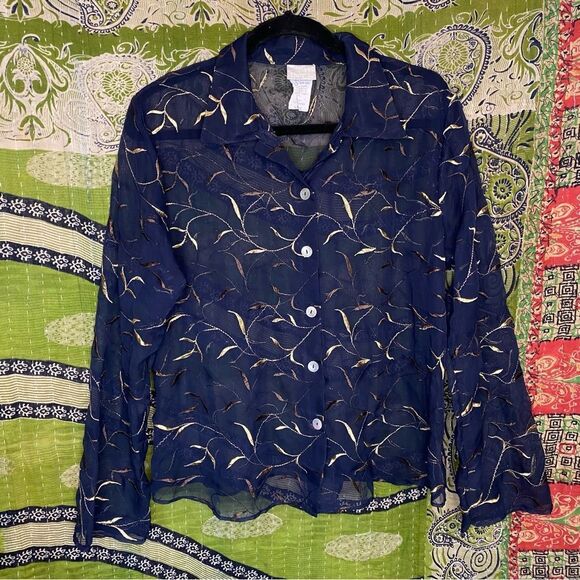 🚨FINAL OFFER Moda International Black Sheer Button Down Top Size Large - Picture 1 of 16